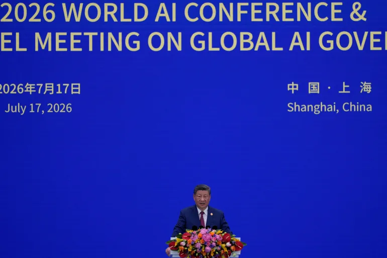 Chinese President Xi Jinping delivers a keynote speech at the World Artificial Intelligence Conference in Shanghai.