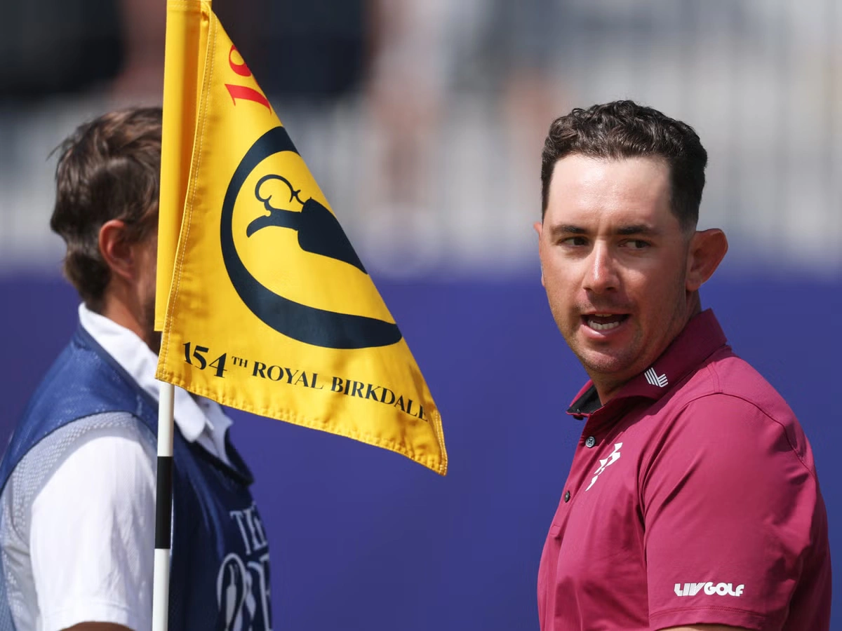 Lucas Herbert celebrates after shooting a record-tying 62 during the second round of The Open Championship at Royal Birkdale.