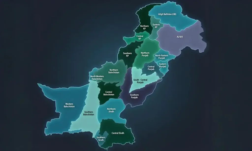 New provinces in Pakistan 2026 map showing proposed 12 administrative units including South Punjab, Bahawalpur, Hazara and Karachi.